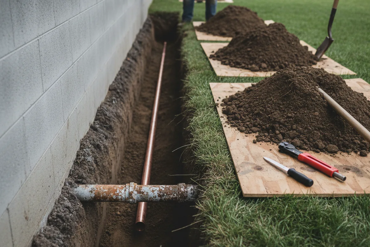Excavated water line trench during Water Softener Installation in Shorter